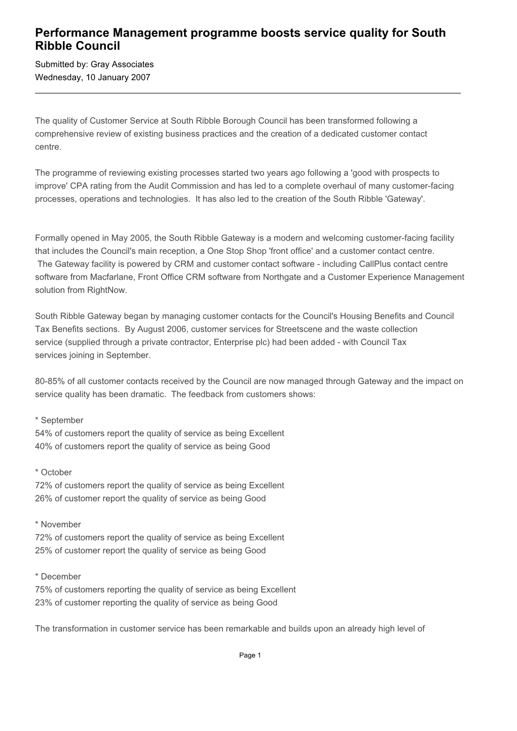 Performance Management Programme Boosts Service Quality for South Ribble Council Submitted By: Gray Associates Wednesday, 10 January 2007