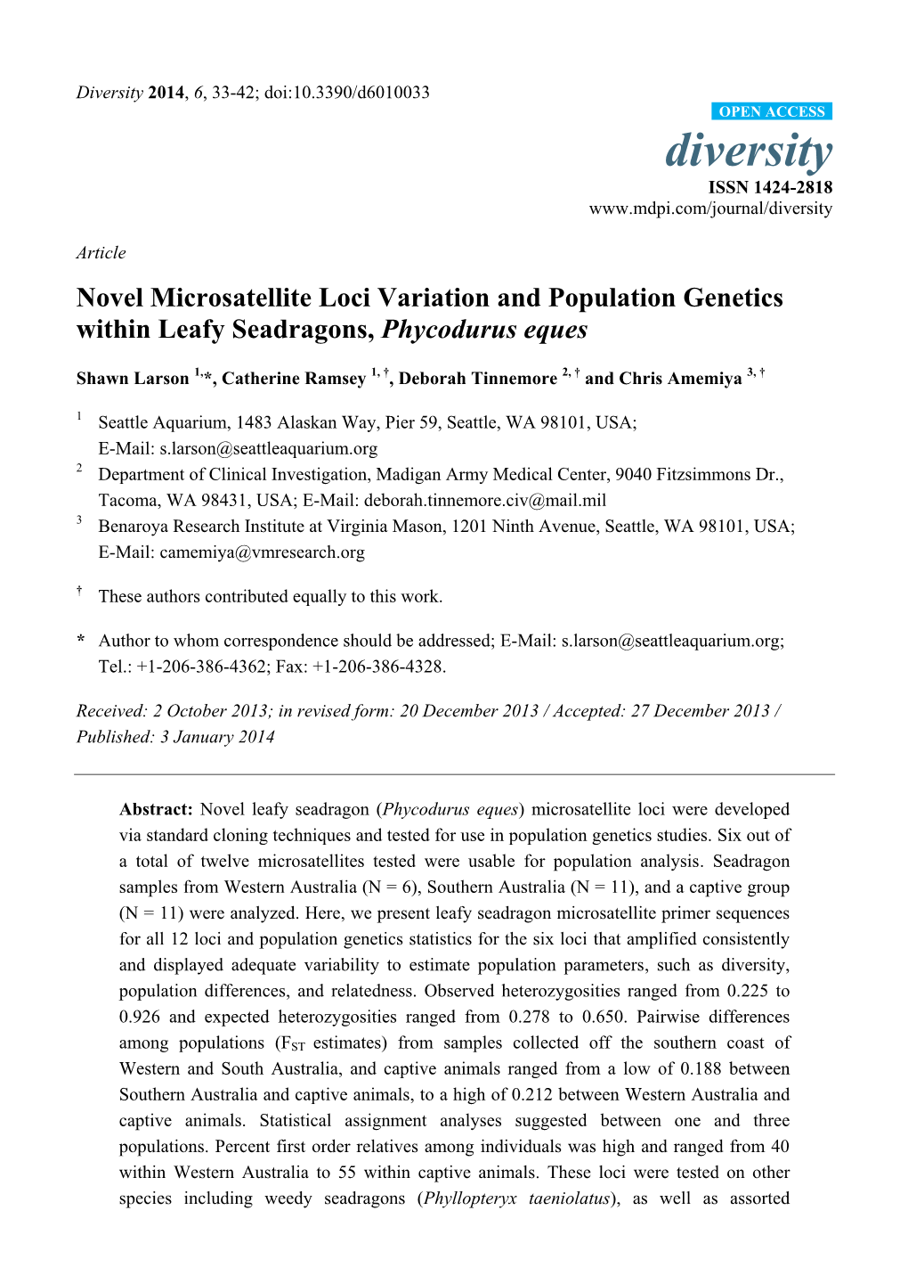 Novel Microsatellite Loci Variation and Population Genetics Within Leafy Seadragons, Phycodurus Eques