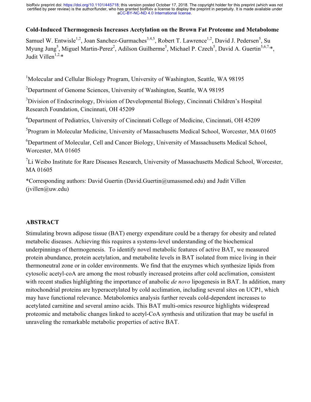 Cold-Induced Thermogenesis Increases Acetylation on the Brown Fat Proteome and Metabolome Samuel W