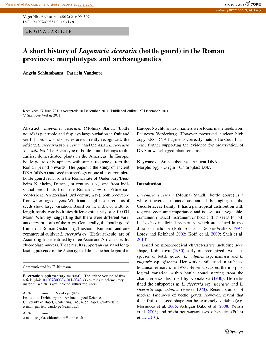 A Short History of Lagenaria Siceraria (Bottle Gourd) in the Roman Provinces: Morphotypes and Archaeogenetics