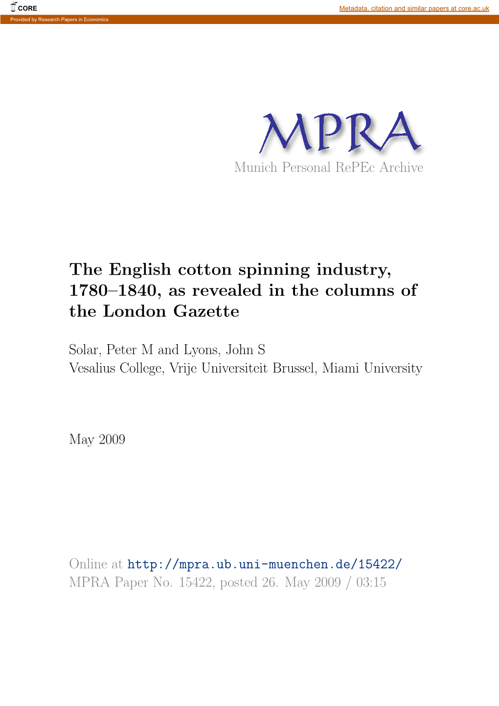 The English Cotton Spinning Industry, 1780–1840, As Revealed in the Columns of the London Gazette