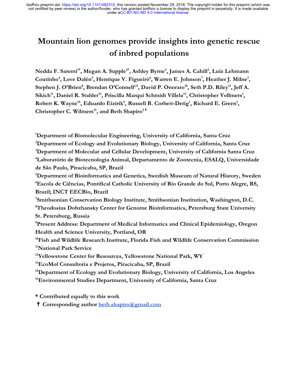 Mountain Lion Genomes Provide Insights Into Genetic Rescue of Inbred Populations