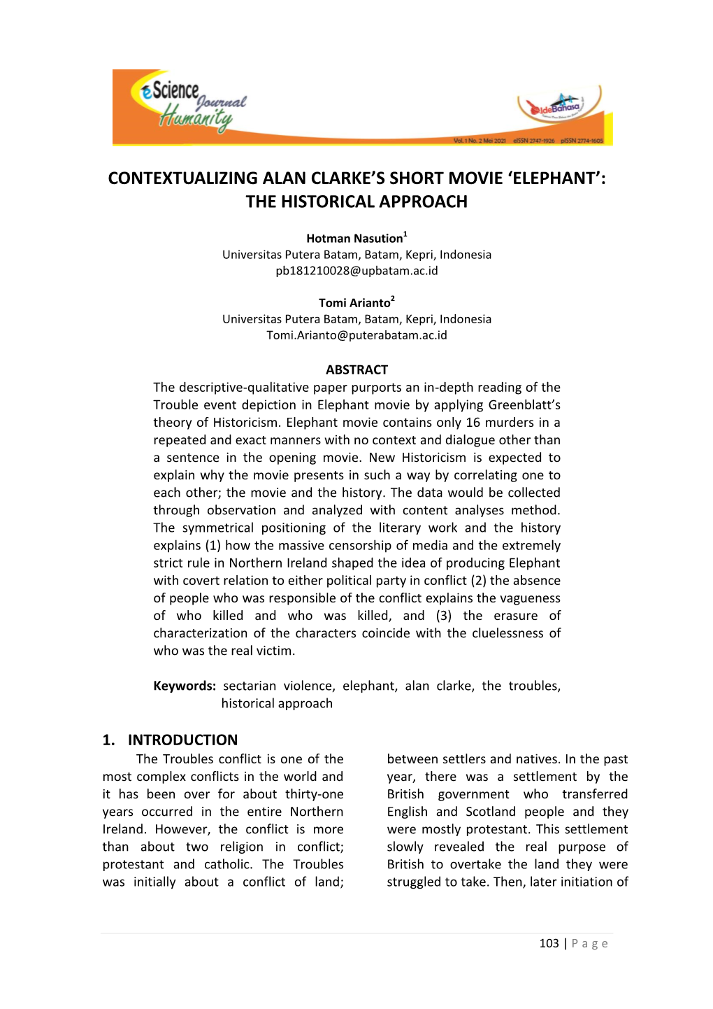 Contextualizing Alan Clarke's Short Movie 'Elephant': The