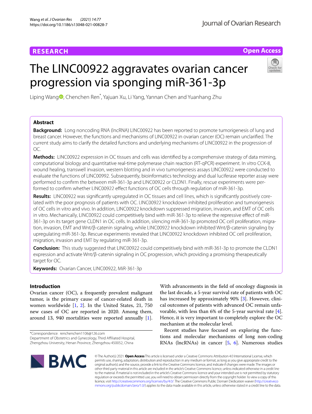 The LINC00922 Aggravates Ovarian Cancer Progression Via Sponging Mir-361-3P