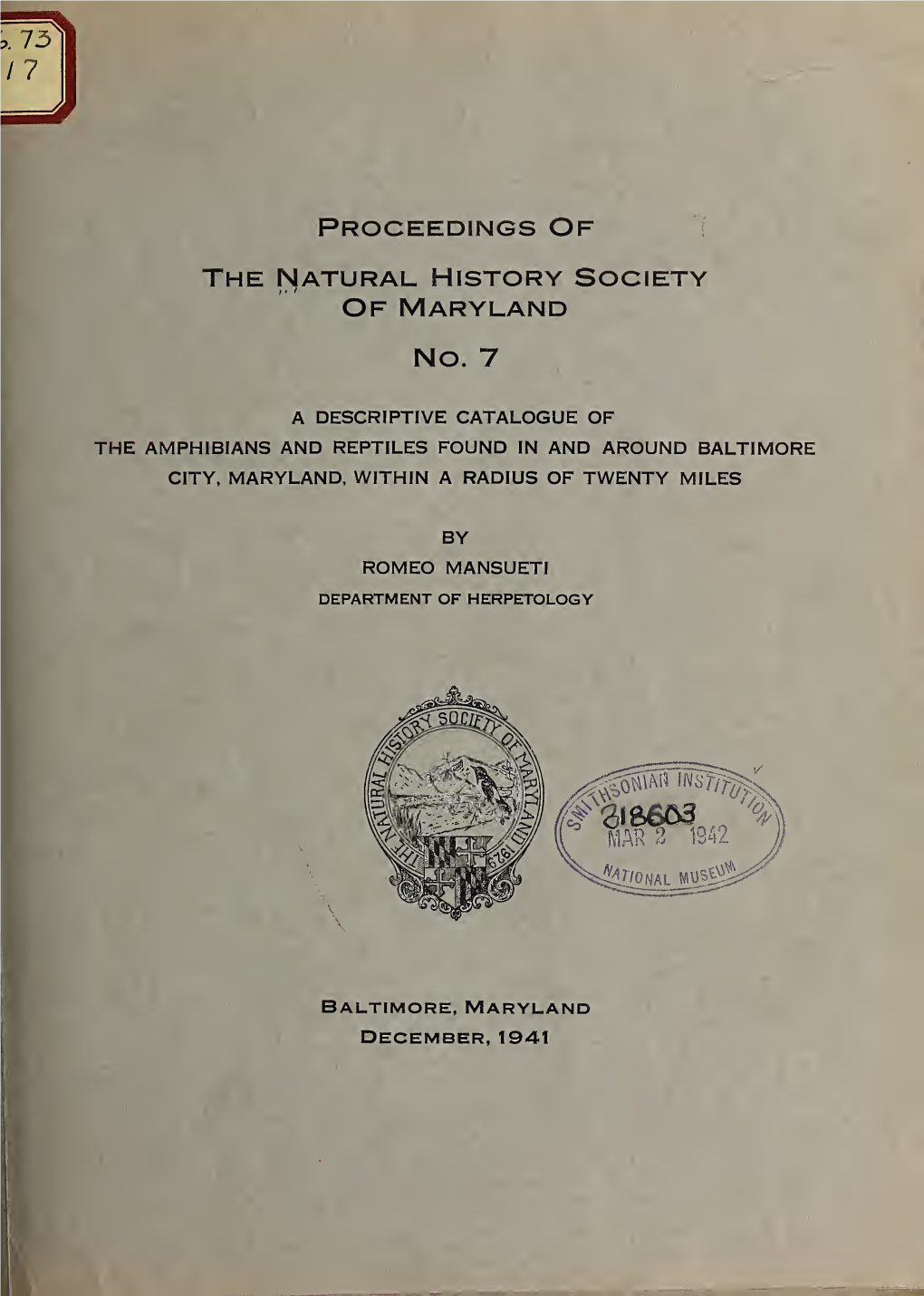 Proceedings of the Natural. History Society of Maryland