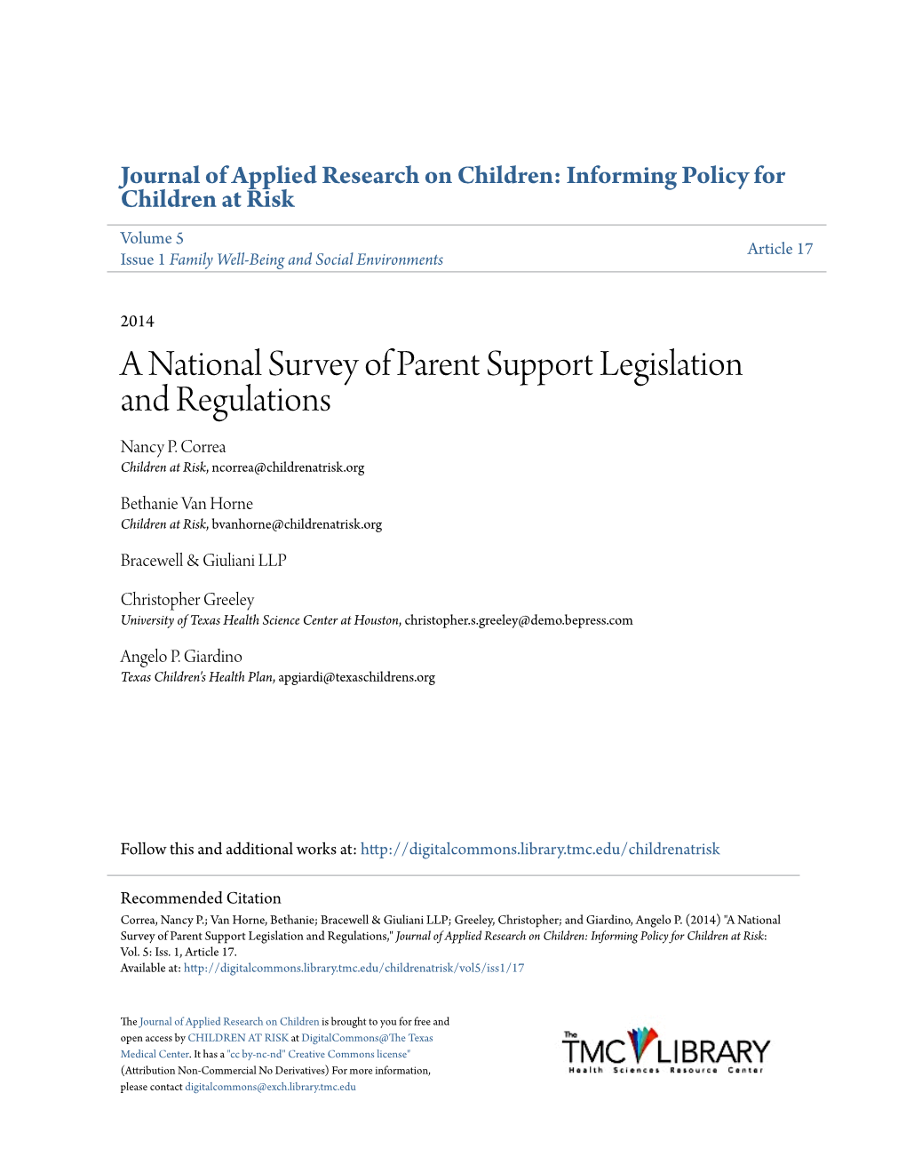 A National Survey of Parent Support Legislation and Regulations Nancy P