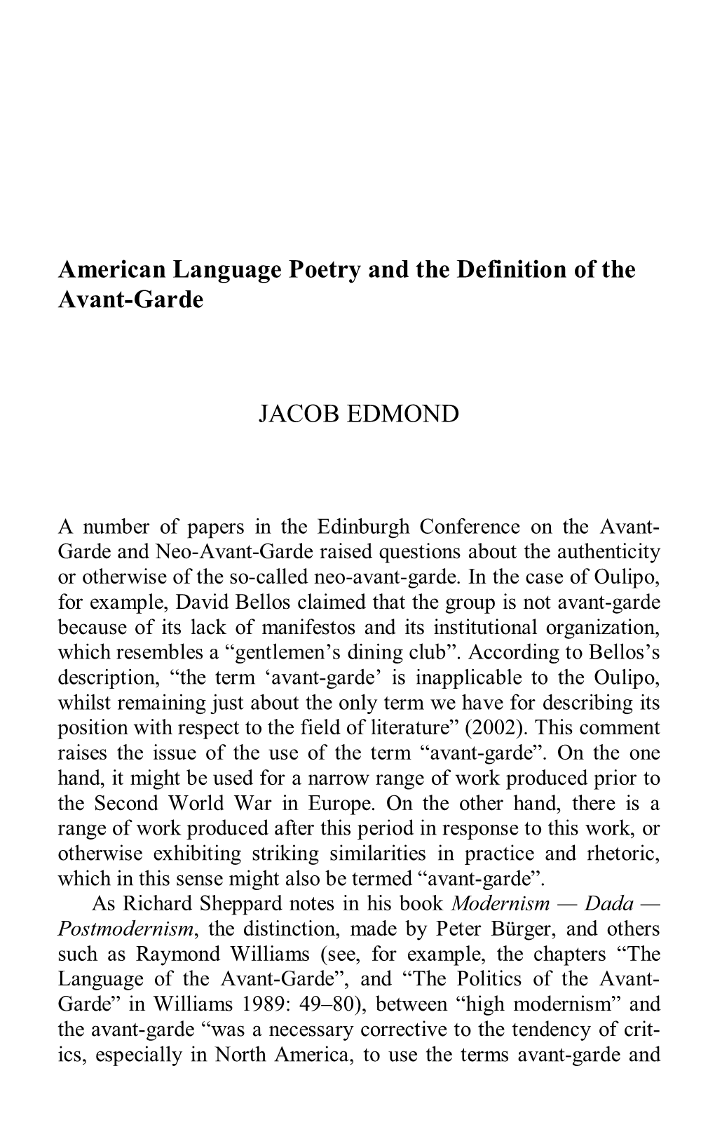 American Language Poetry and the Definition of the Avant-Garde