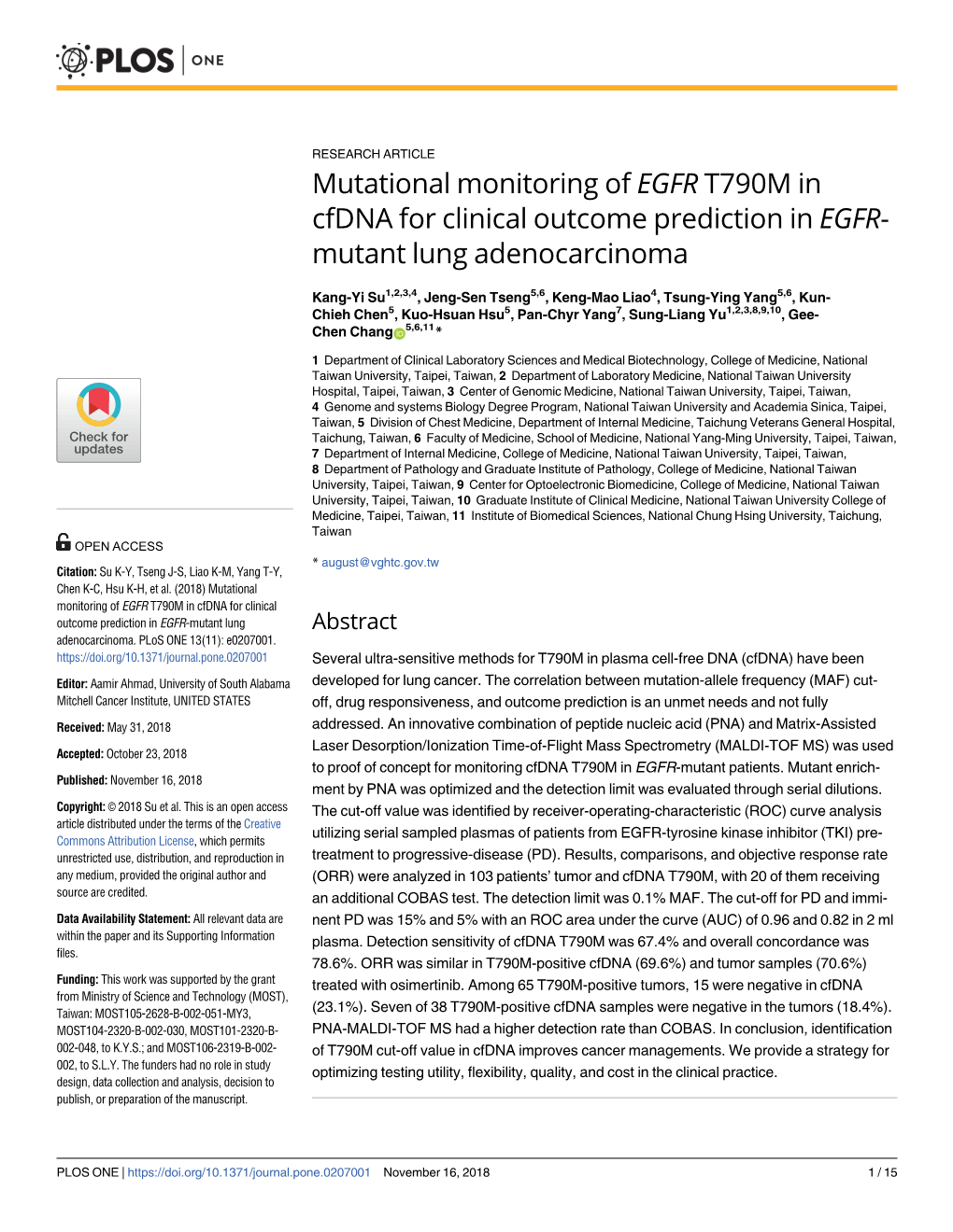 Mutational Monitoring of EGFR T790M in Cfdna for Clinical Outcome Prediction in EGFR- Mutant Lung Adenocarcinoma