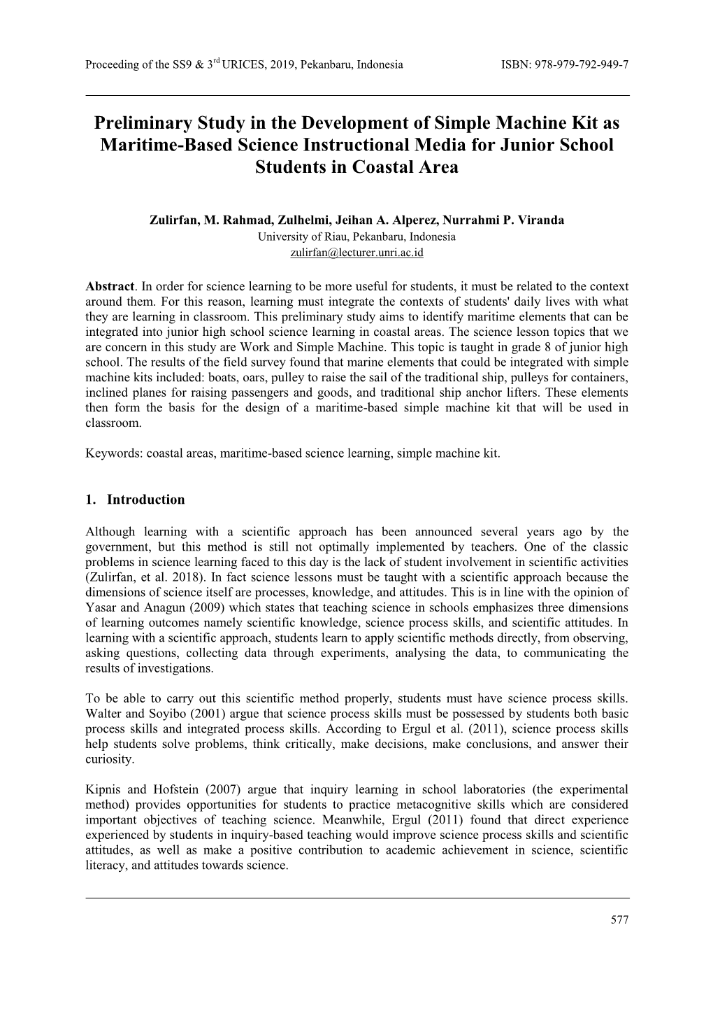 Preliminary Study in the Development of Simple Machine Kit As Maritime-Based Science Instructional Media for Junior School Students in Coastal Area