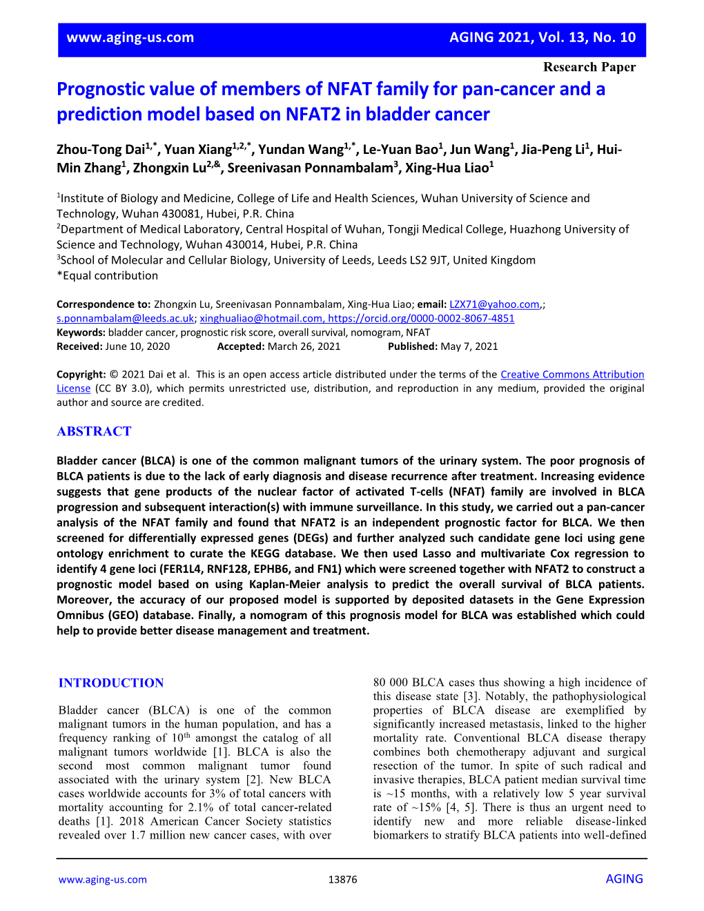 Prognostic Value of Members of NFAT Family for Pan-Cancer and a Prediction Model Based on NFAT2 in Bladder Cancer