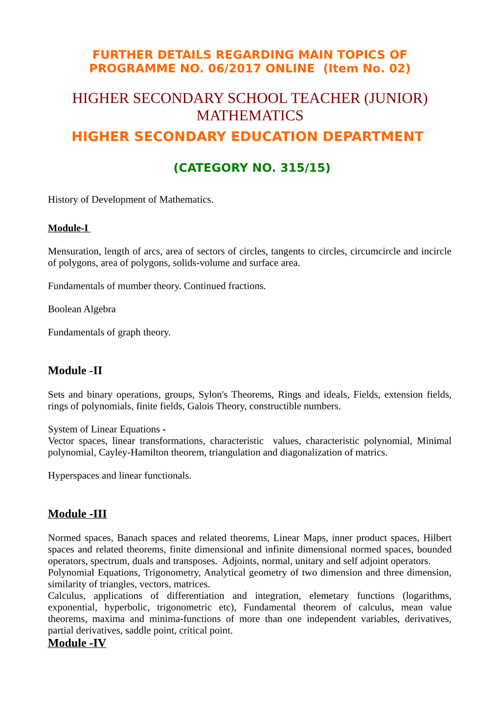 Higher Secondary School Teacher (Junior) Mathematics Higher Secondary Education Department