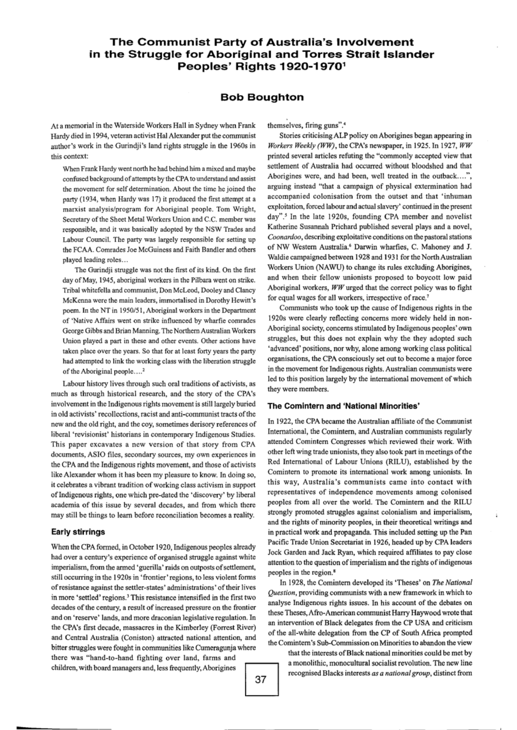 The Communist Party of Australia's Involvement in the Struggle for Aboriginal and Torres Strait Islander Peoples' Rights 1920-19701