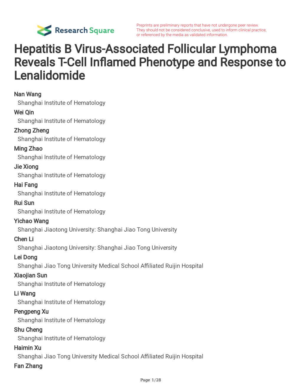 Hepatitis B Virus-Associated Follicular Lymphoma Reveals T-Cell in Amed