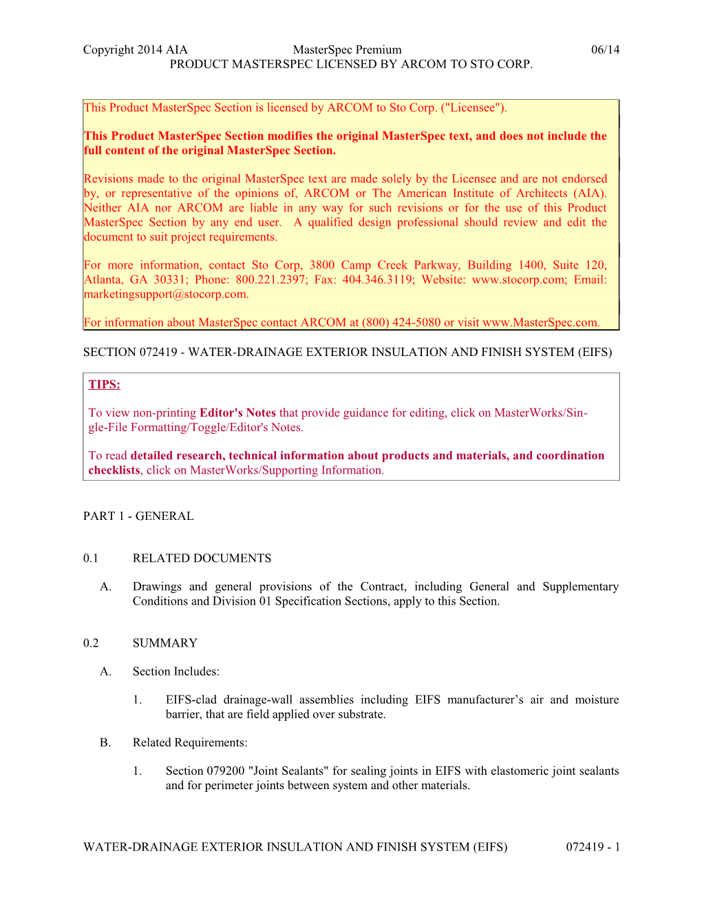 Section 072419 - Water-Drainage Exterior Insulation and Finish System (Eifs)