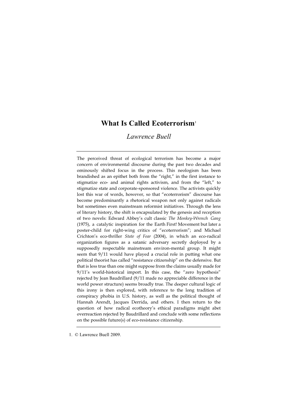 What Is Called Ecoterrorism1 Lawrence Buell