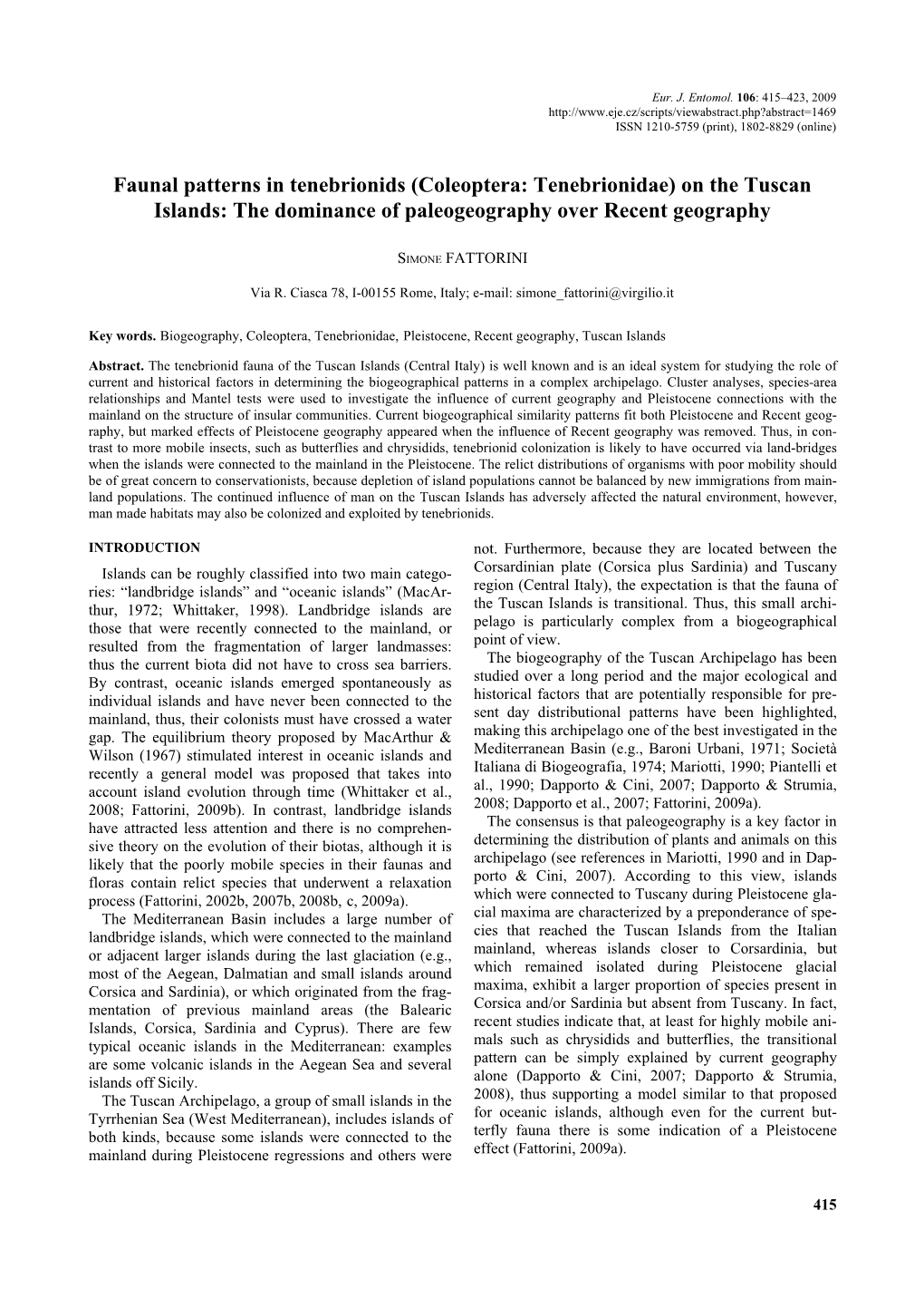 (Coleoptera: Tenebrionidae) on the Tuscan Islands: the Dominance of Paleogeography Over Recent Geography