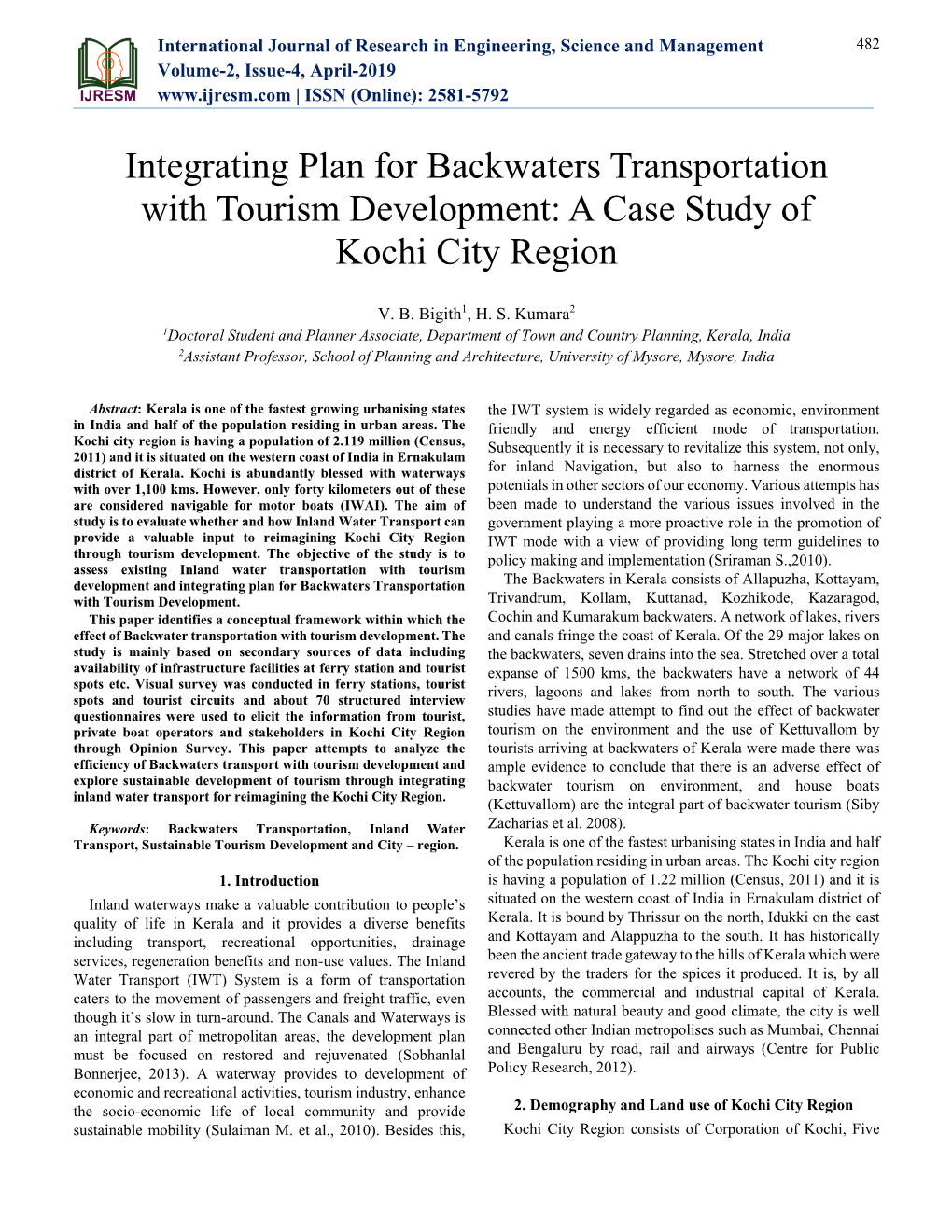 Integrating Plan for Backwaters Transportation with Tourism Development: a Case Study of Kochi City Region