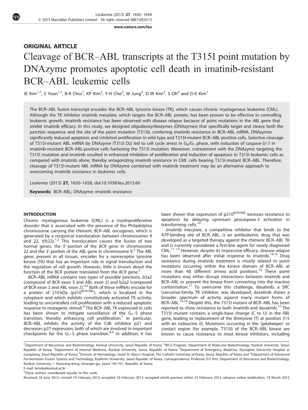 ABL Transcripts at the T315I Point Mutation by Dnazyme Promotes Apoptotic Cell Death in Imatinib-Resistant BCR–ABL Leukemic Cells