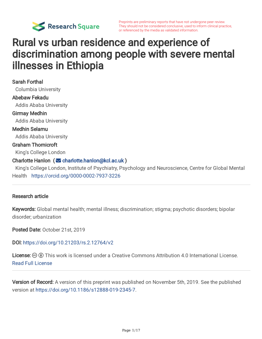 Rural Vs Urban Residence and Experience of Discrimination Among People with Severe Mental Illnesses in Ethiopia