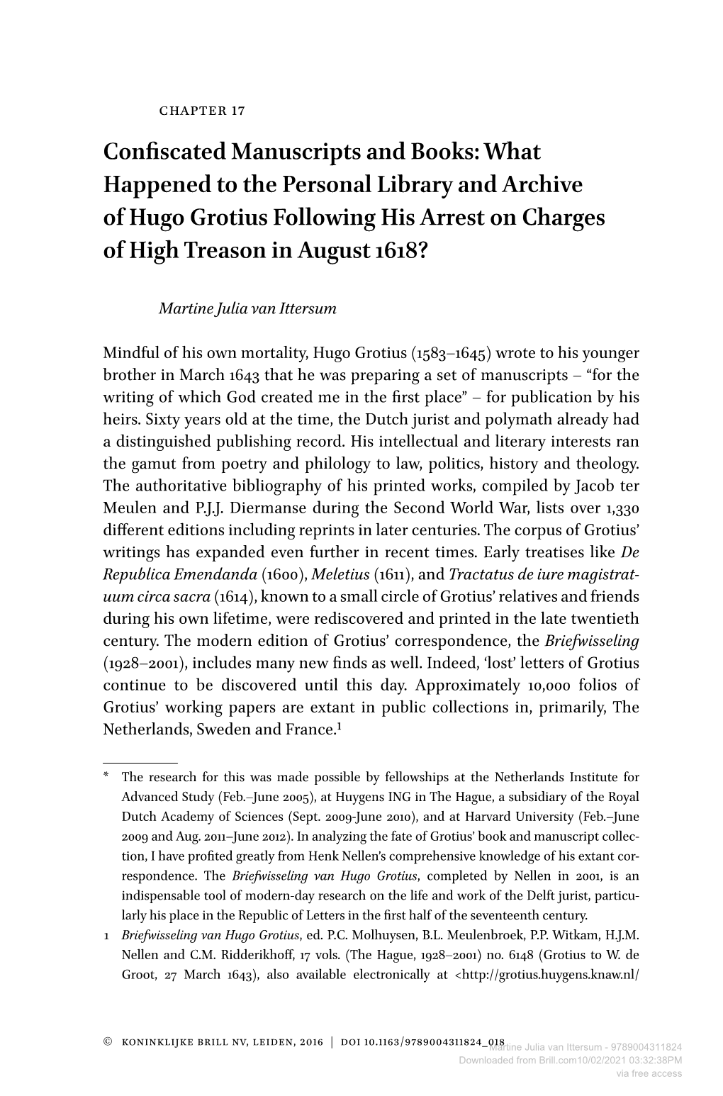 What Happened to the Personal Library and Archive of Hugo Grotius Following His Arrest on Charges of High Treason in August 1618?