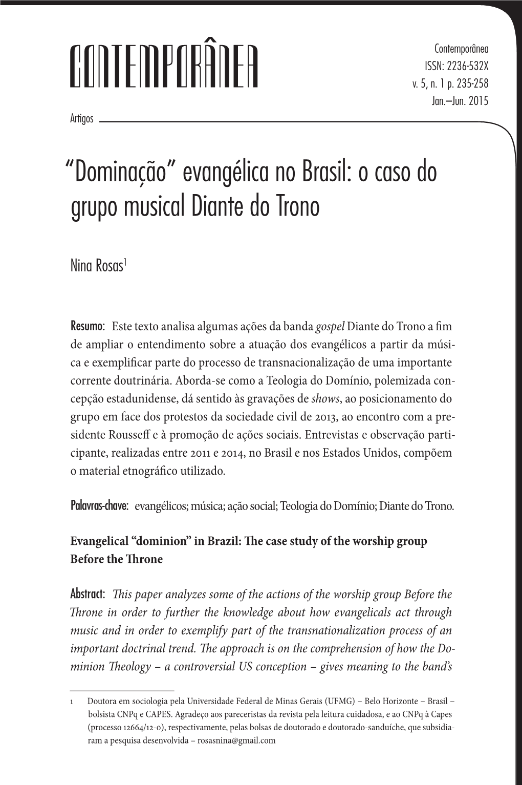 Evangélica No Brasil: O Caso Do Grupo Musical Diante Do Trono