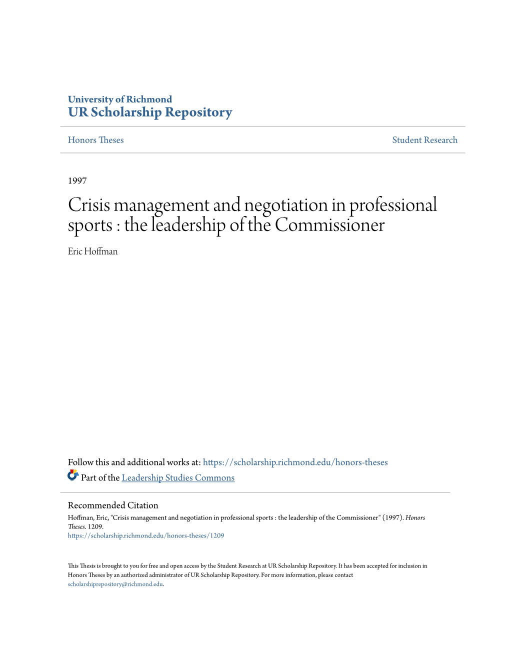 Crisis Management and Negotiation in Professional Sports : the Leadership of the Commissioner Eric Hoffman