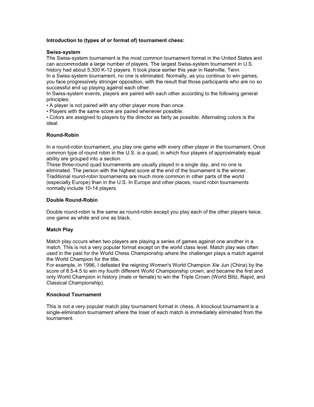 Introduction to (Types of Or Format Of) Tournament Chess