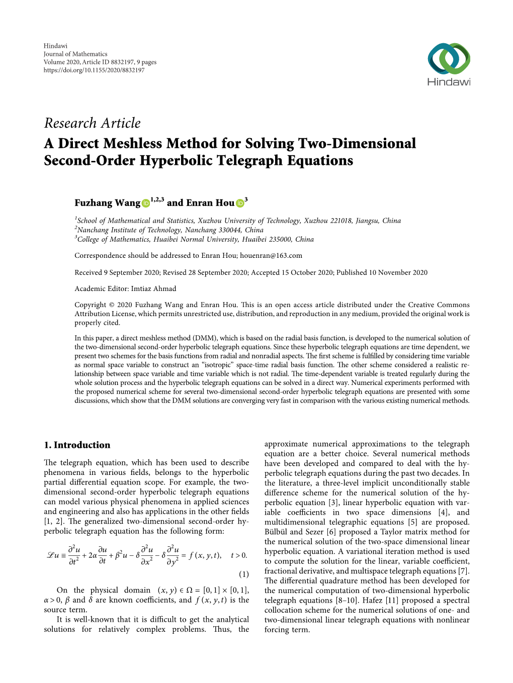 A Direct Meshless Method for Solving Two-Dimensional Second-Order Hyperbolic Telegraph Equations