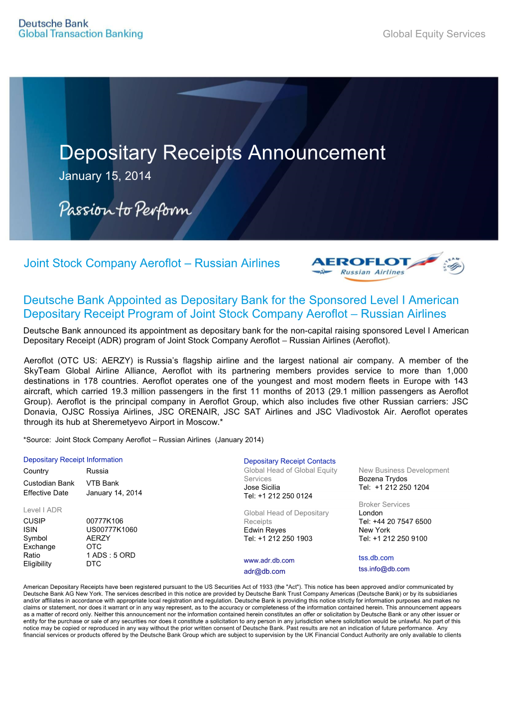 Depositary Receipts Announcement January 15, 2014