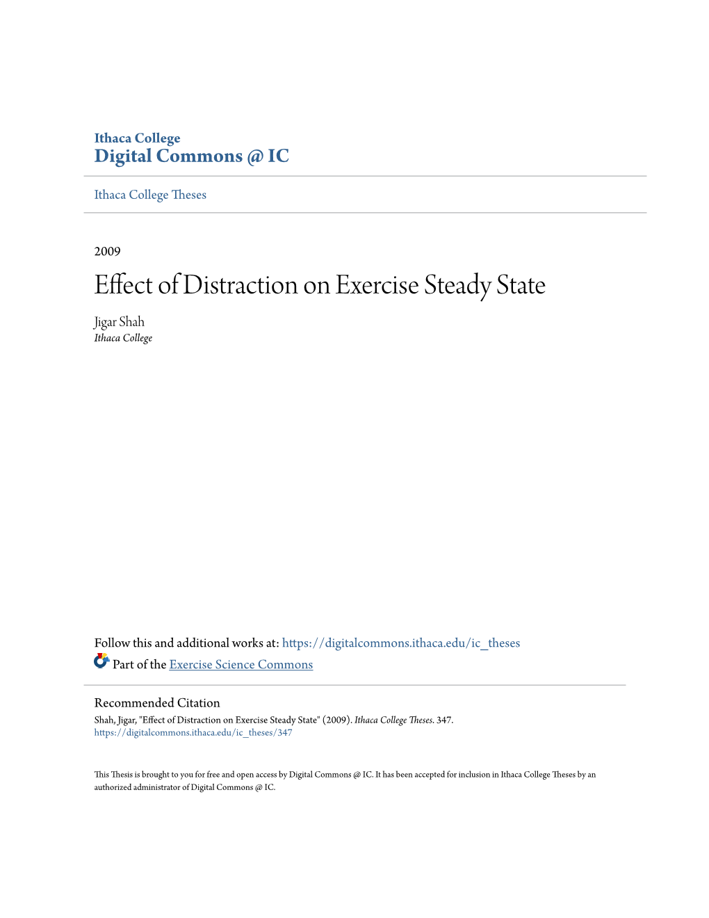 Effect of Distraction on Exercise Steady State Jigar Shah Ithaca College