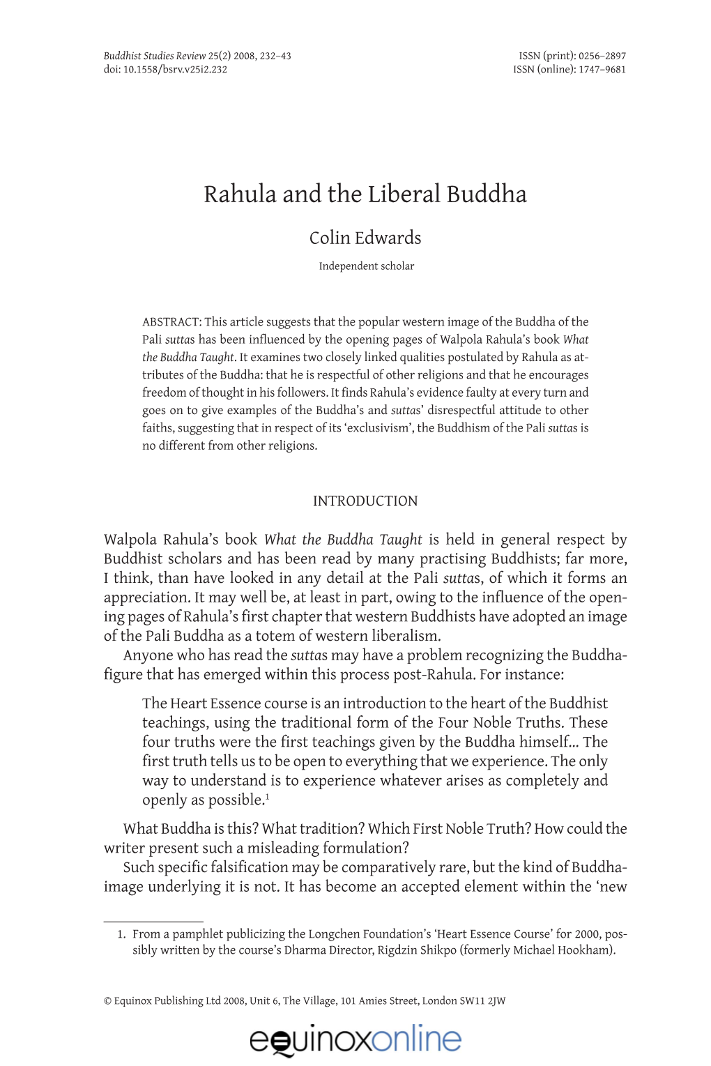 Rahula and the Liberal Buddha