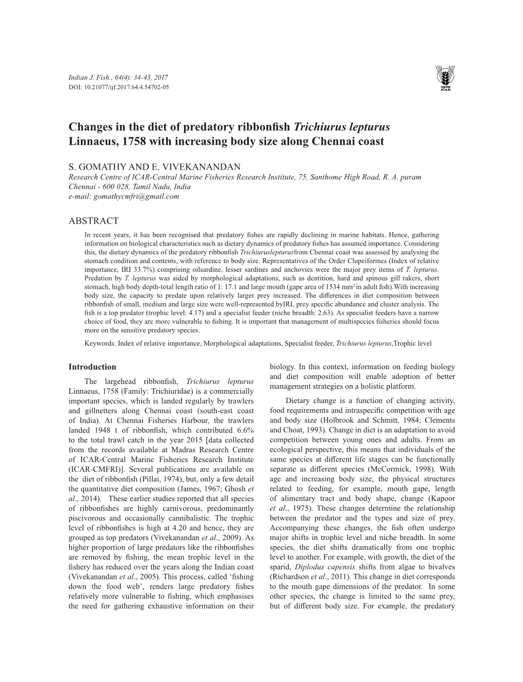 Changes in the Diet of Predatory Ribbonfish Trichiurus Lepturus Linnaeus, 1758 with Increasing Body Size Along Chennai Coast