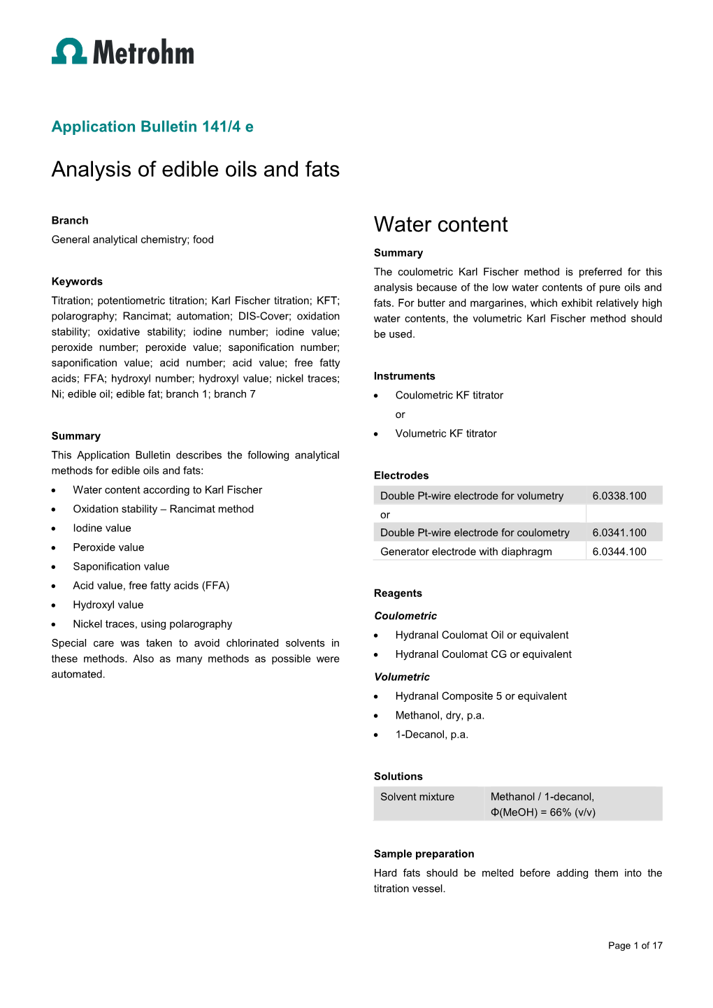 Analysis of Edible Oils and Fats