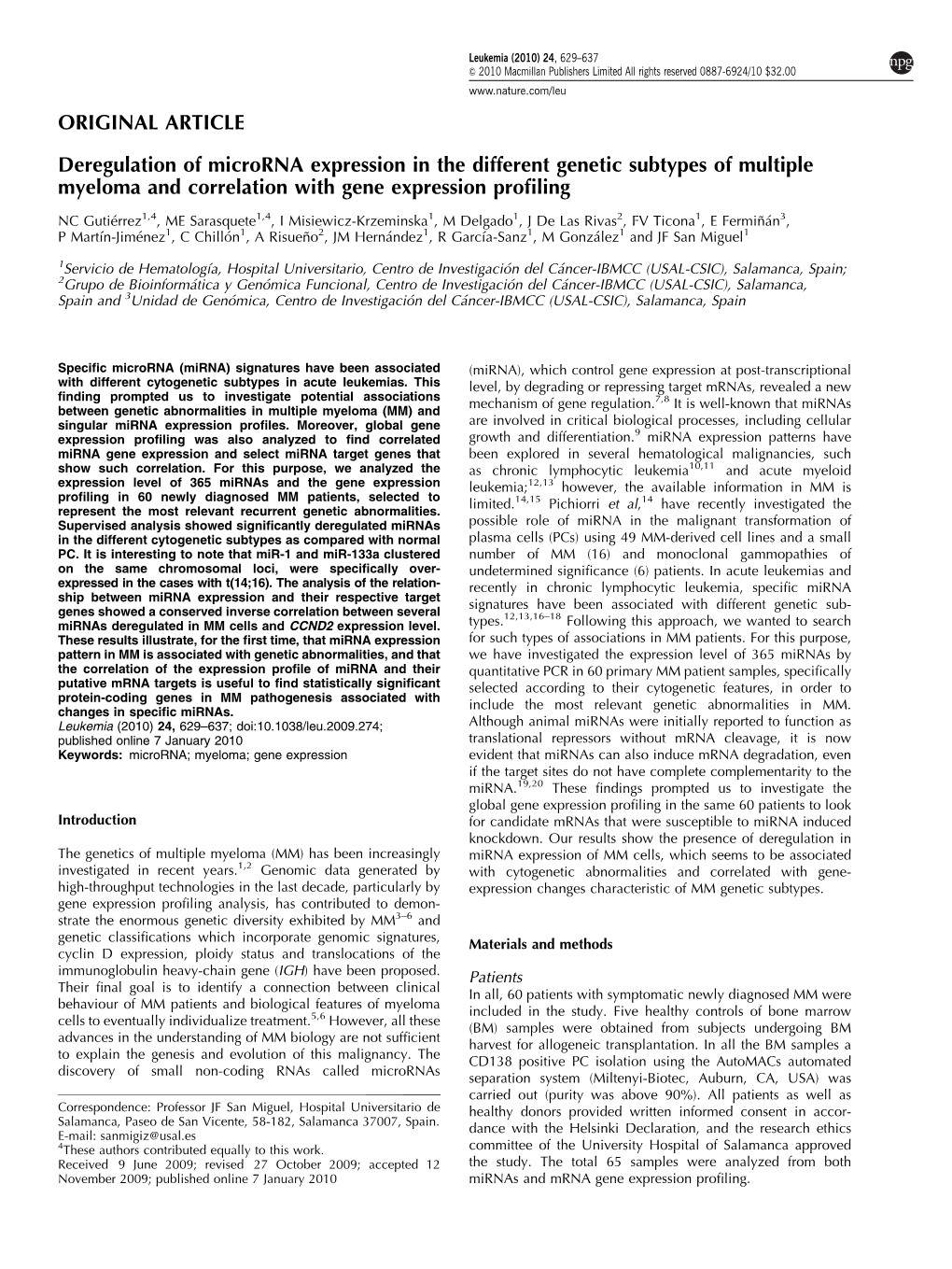 Deregulation of Microrna Expression in the Different Genetic Subtypes of Multiple Myeloma and Correlation with Gene Expression Proﬁling