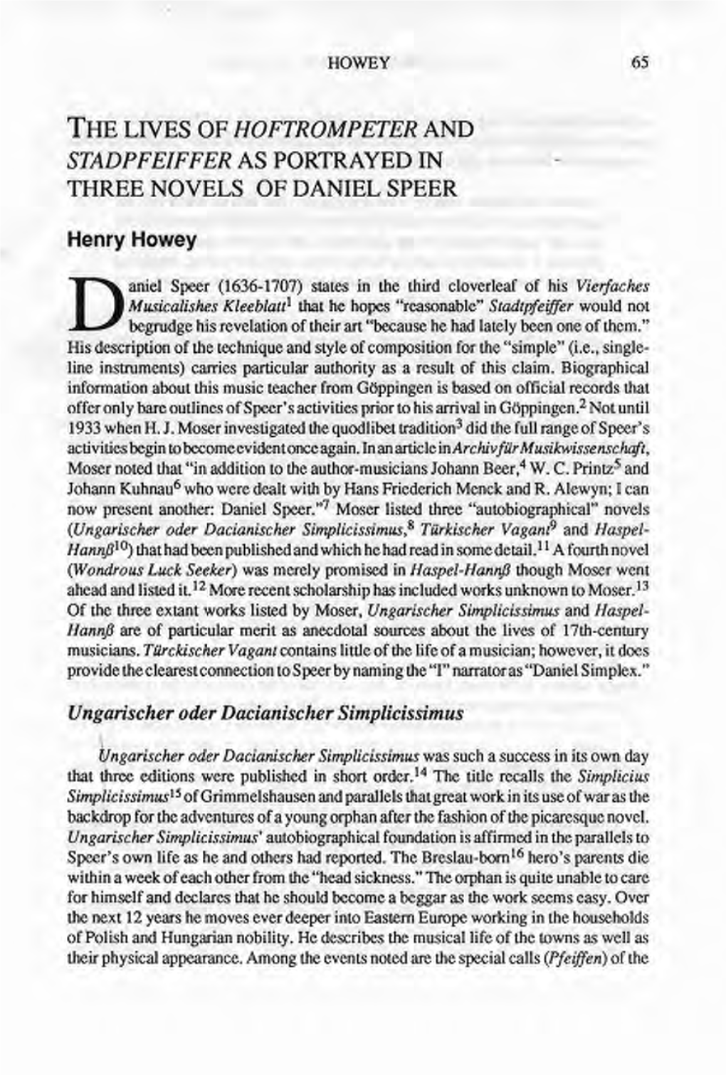 Thelnes of Hoftrompeter and Stadpfeifferas Portrayed in Three Novels of Daniel Speer