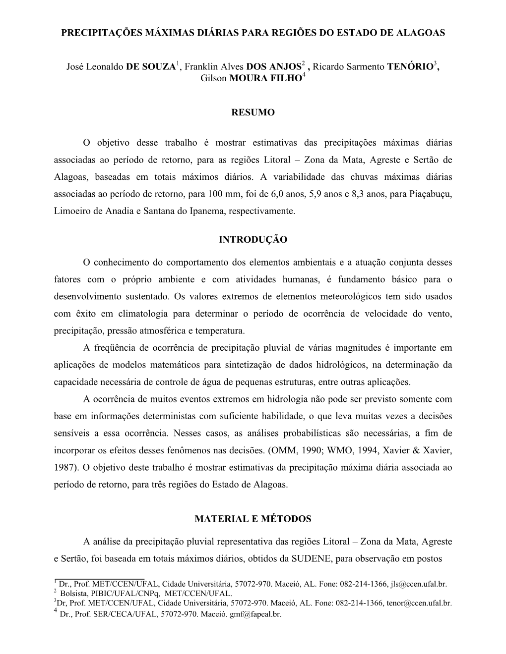 Precipitações Máximas Diárias Para Regiões Do Estado De Alagoas