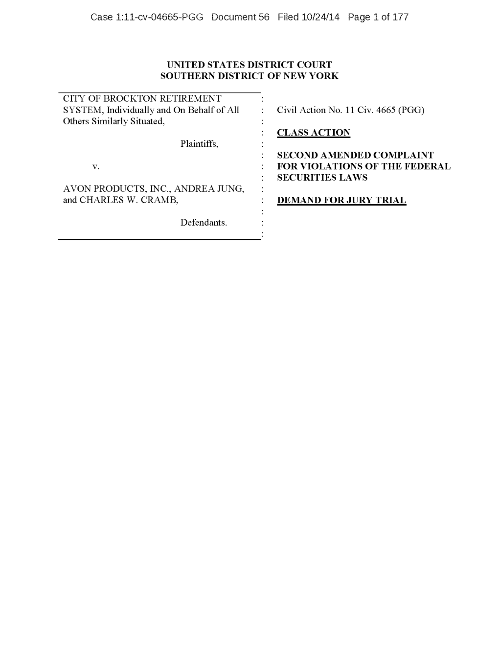 City of Brockton Retirement System, Et Al. V. Avon Products, Inc. , Et Al. 11-CV-04665-Second Amended Complaint for Violations O