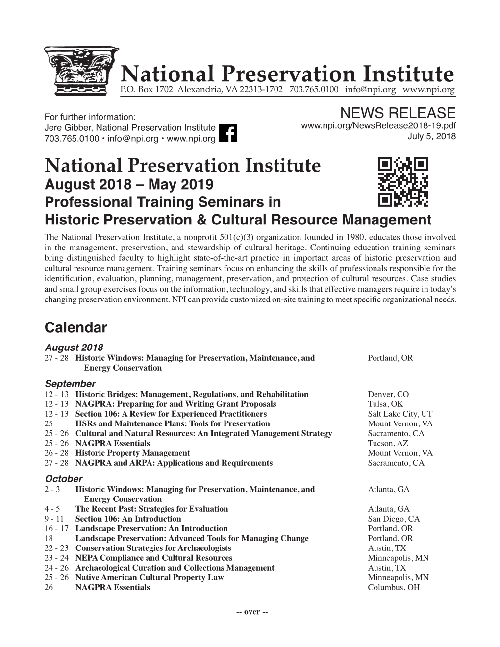 May 2019 Professional Training Seminars in Historic Preservation & Cultural Resource Management