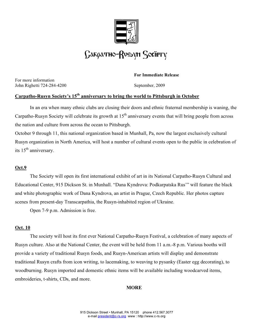 Carpatho-Rusyn Society's 15 Anniversary to Bring the World to Pittsburgh in October in an Era When Many Ethnic Clubs Are Closi