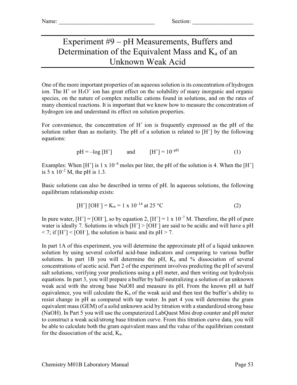 Ph Measurements, Buffers and Determination of the Equivalent Mass and Ka of an Unknown Weak Acid
