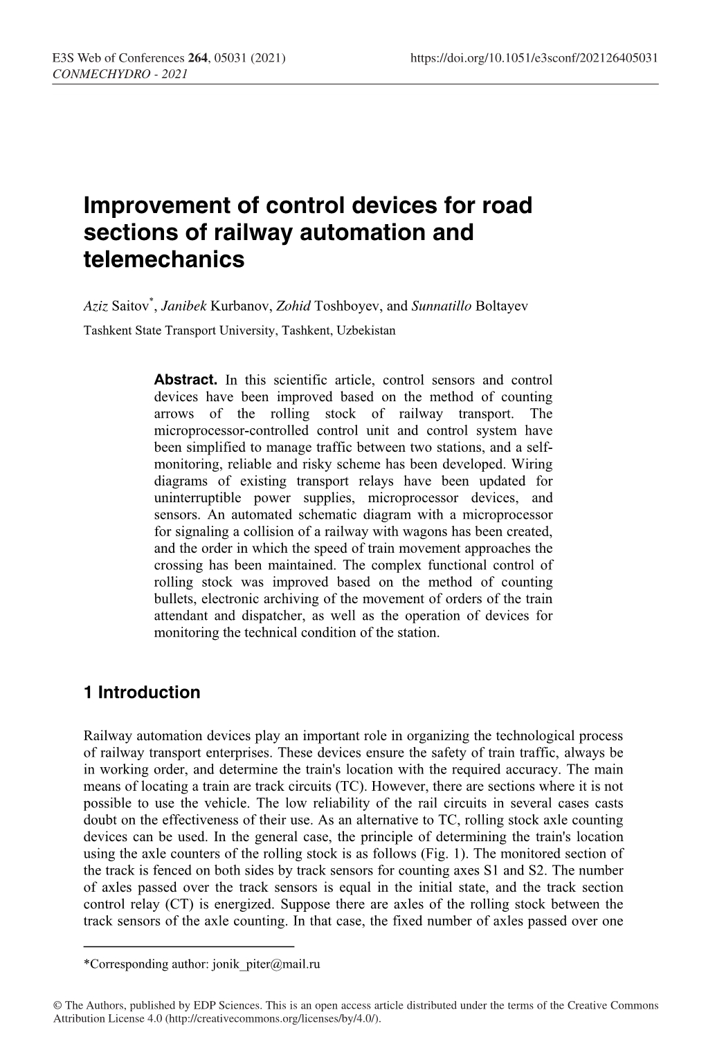 Improvement of Control Devices for Road Sections of Railway Automation and Telemechanics