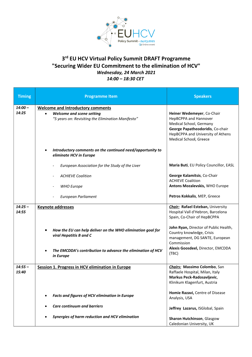 3Rd EU HCV Virtual Policy Summit DRAFT Programme "Securing Wider EU Commitment to the Elimination of HCV" Wednesday, 24 March 2021 14:00 – 18:30 CET