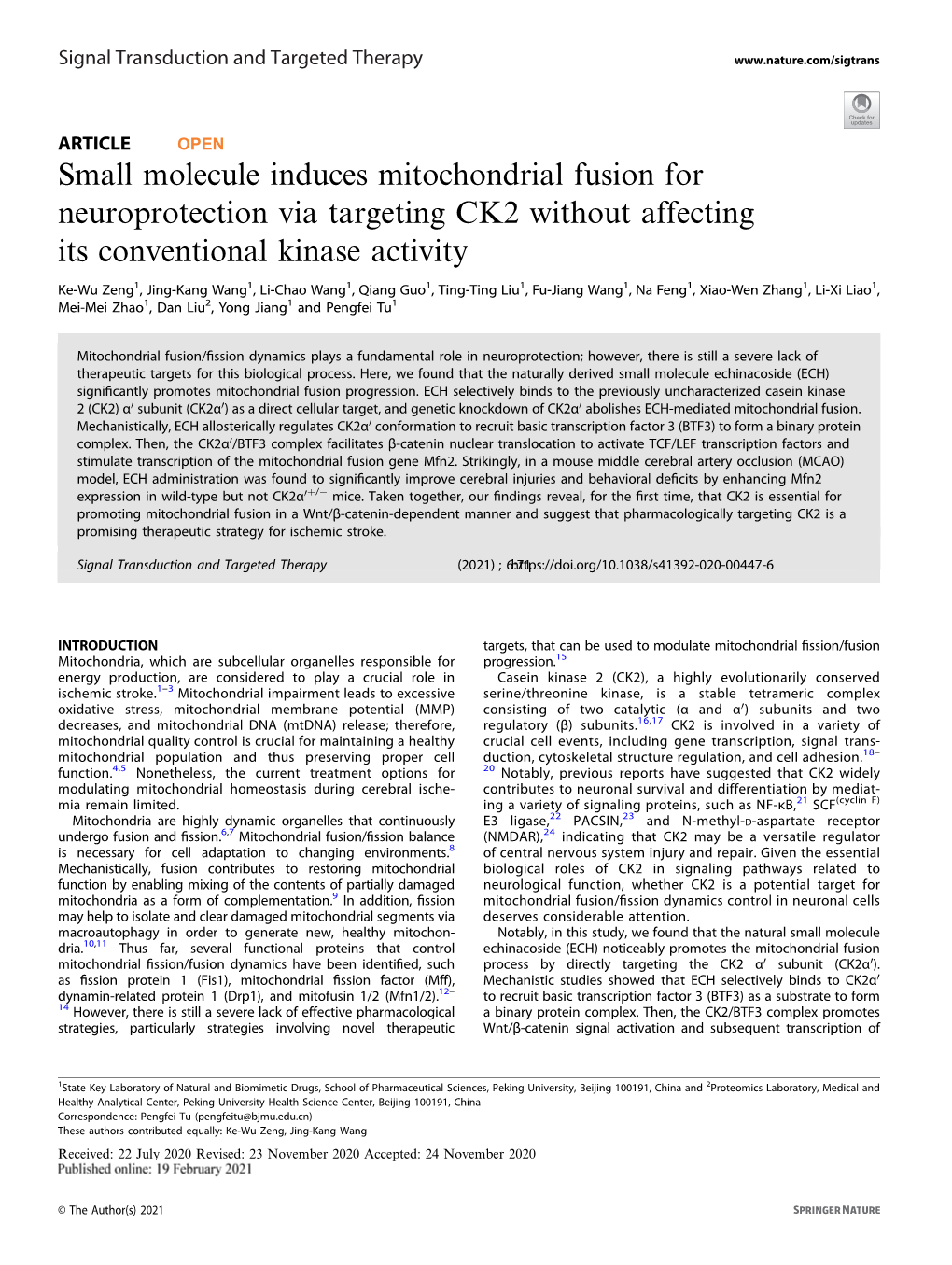 Small Molecule Induces Mitochondrial Fusion for Neuroprotection Via Targeting CK2 Without Affecting Its Conventional Kinase Activity