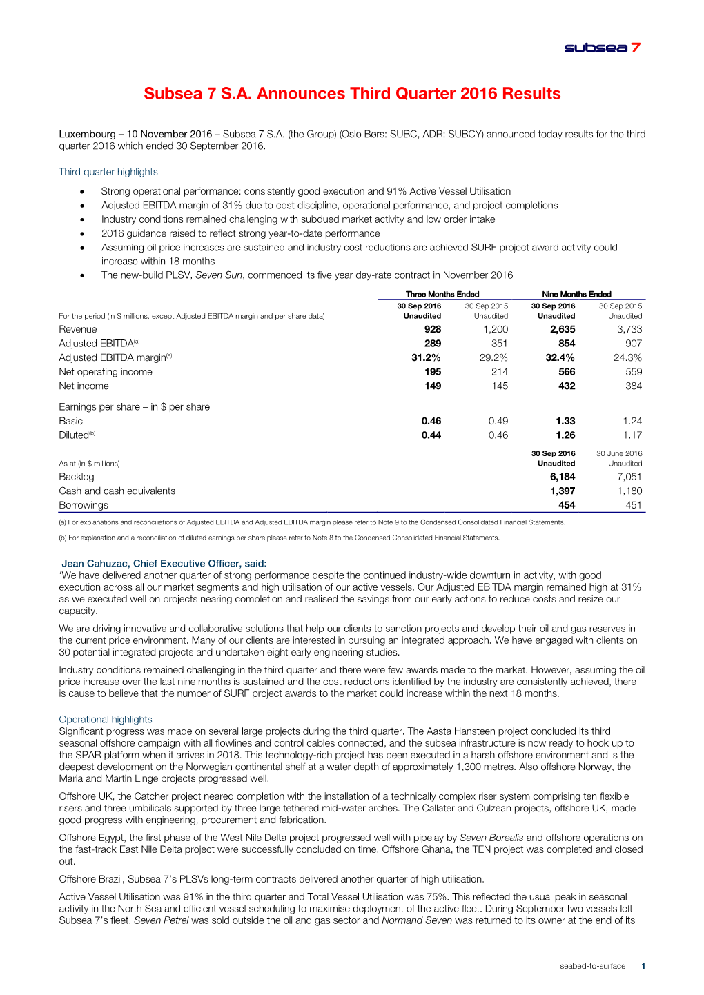 Subsea 7 S.A. Announces Third Quarter 2016 Results