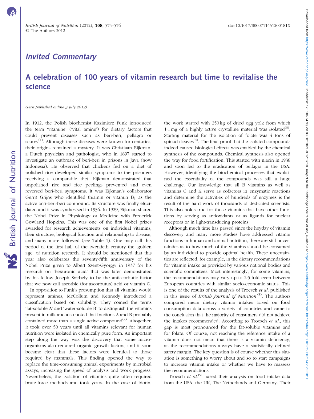 British Journal of Nutrition (2012), 108, 574–576 Doi:10.1017/S000711451200181X Q the Authors 2012