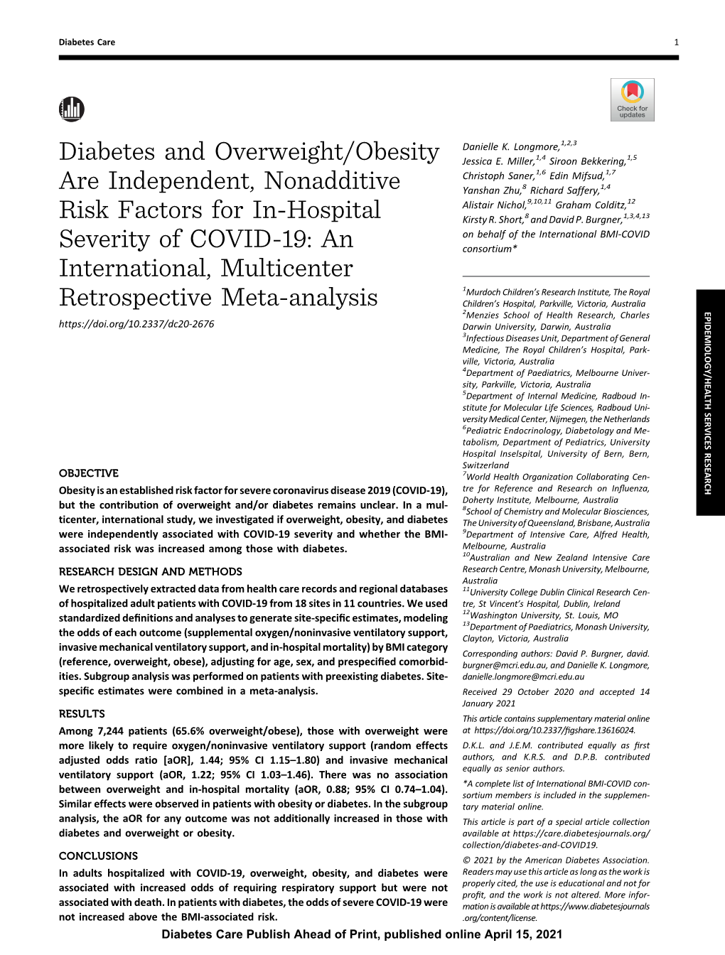 Diabetes and Overweight/Obesity Are Independent, Nonadditive Risk