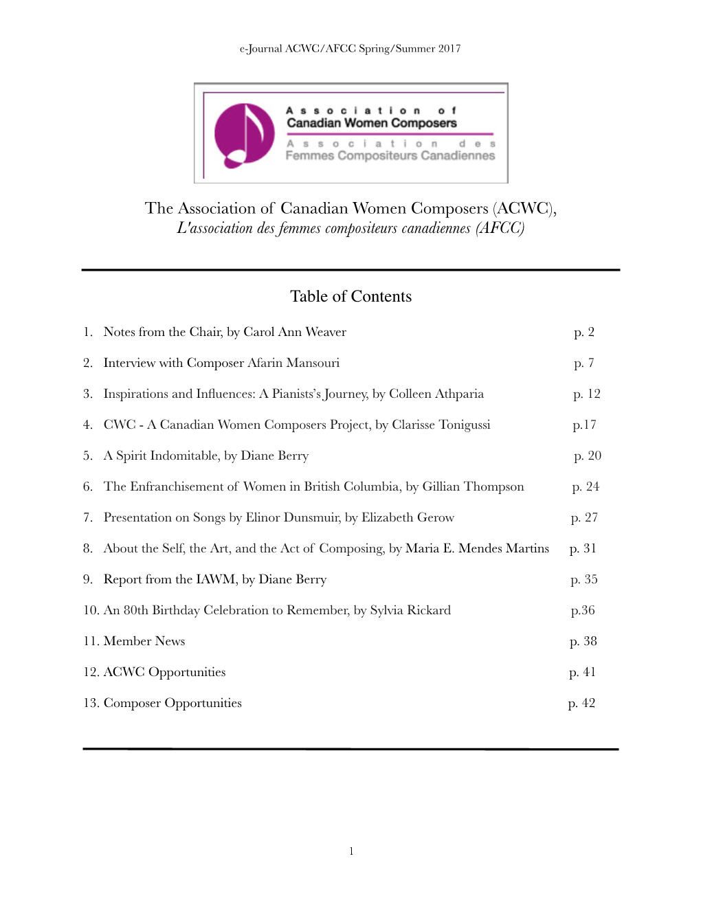 The Association of Canadian Women Composers (ACWC), L'association Des Femmes Compositeurs Canadiennes (AFCC) Table of Contents