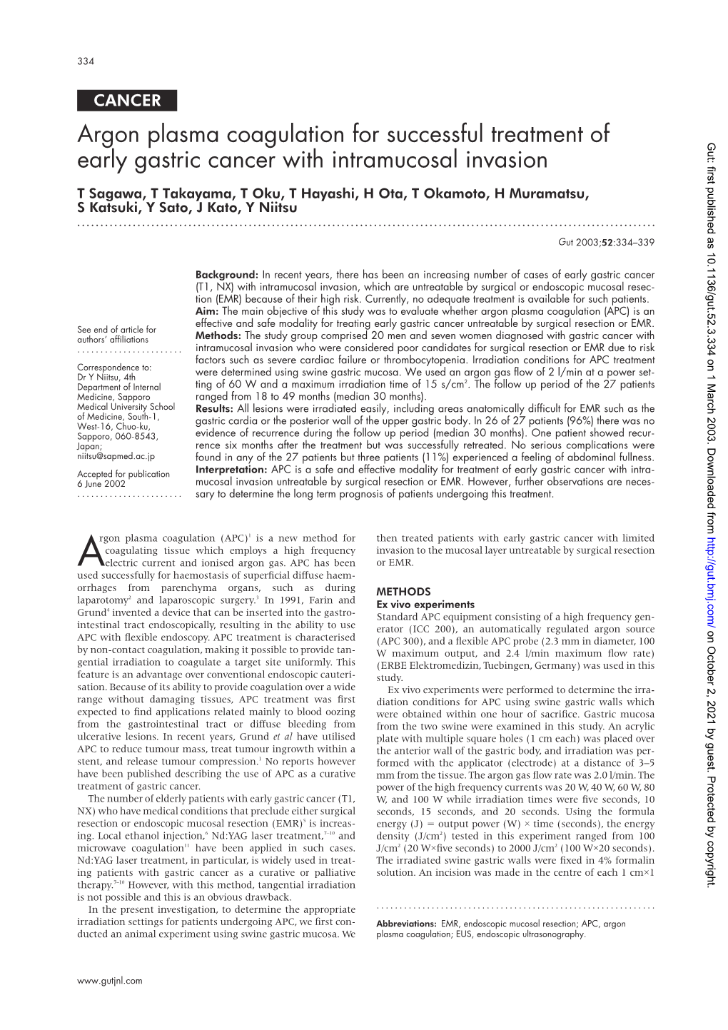 Argon Plasma Coagulation for Successful Treatment of Early Gastric