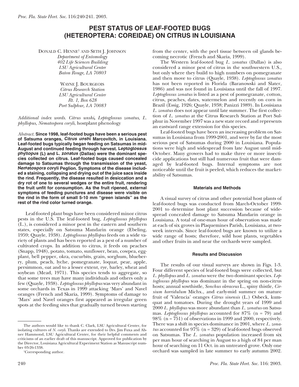 Pest Status of Leaf-Footed Bugs (Heteroptera: Coreidae) on Citrus in Louisiana