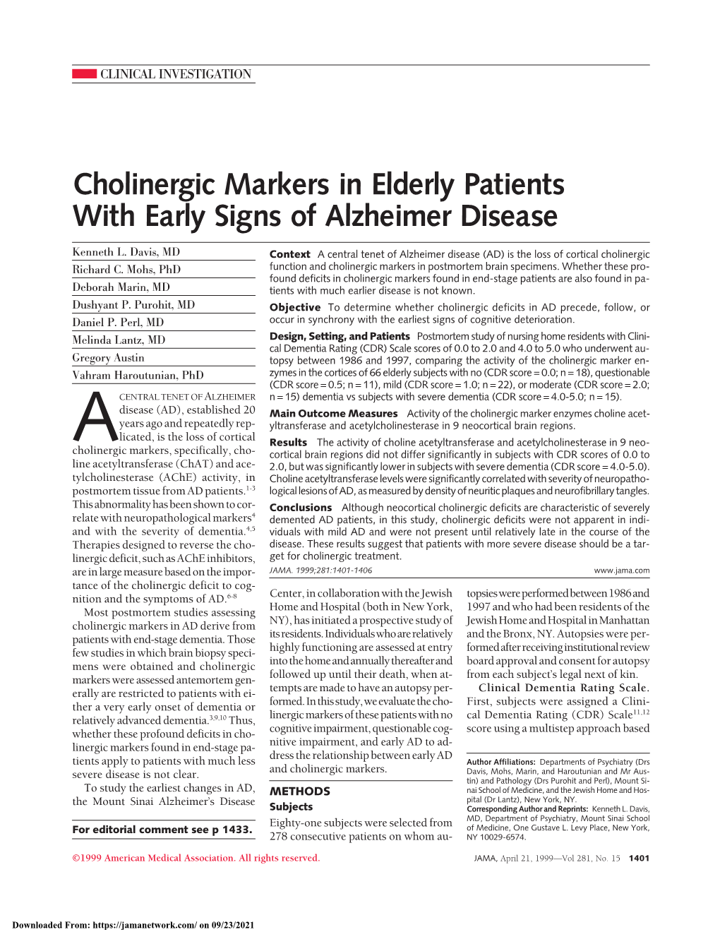 Cholinergic Markers in Elderly Patients with Early Signs of Alzheimer Disease